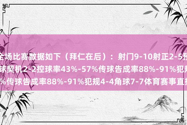 全场比赛数据如下（拜仁在后）：射门9-10射正2-5预期进球1.34-0.94进球契机2-2控球率43%-57%传球告成率88%-91%犯规4-4角球7-7体育赛事直播